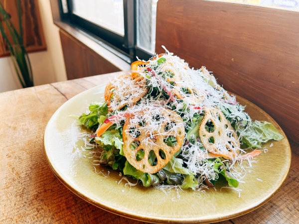 冬野菜と蓮根チップス、羊のチーズのグリーンサラダ